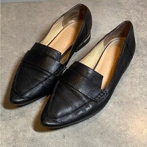 Franco Sarto Black Leather Pointed Toe Penny Loafers Women's 7.5M Silver Accent